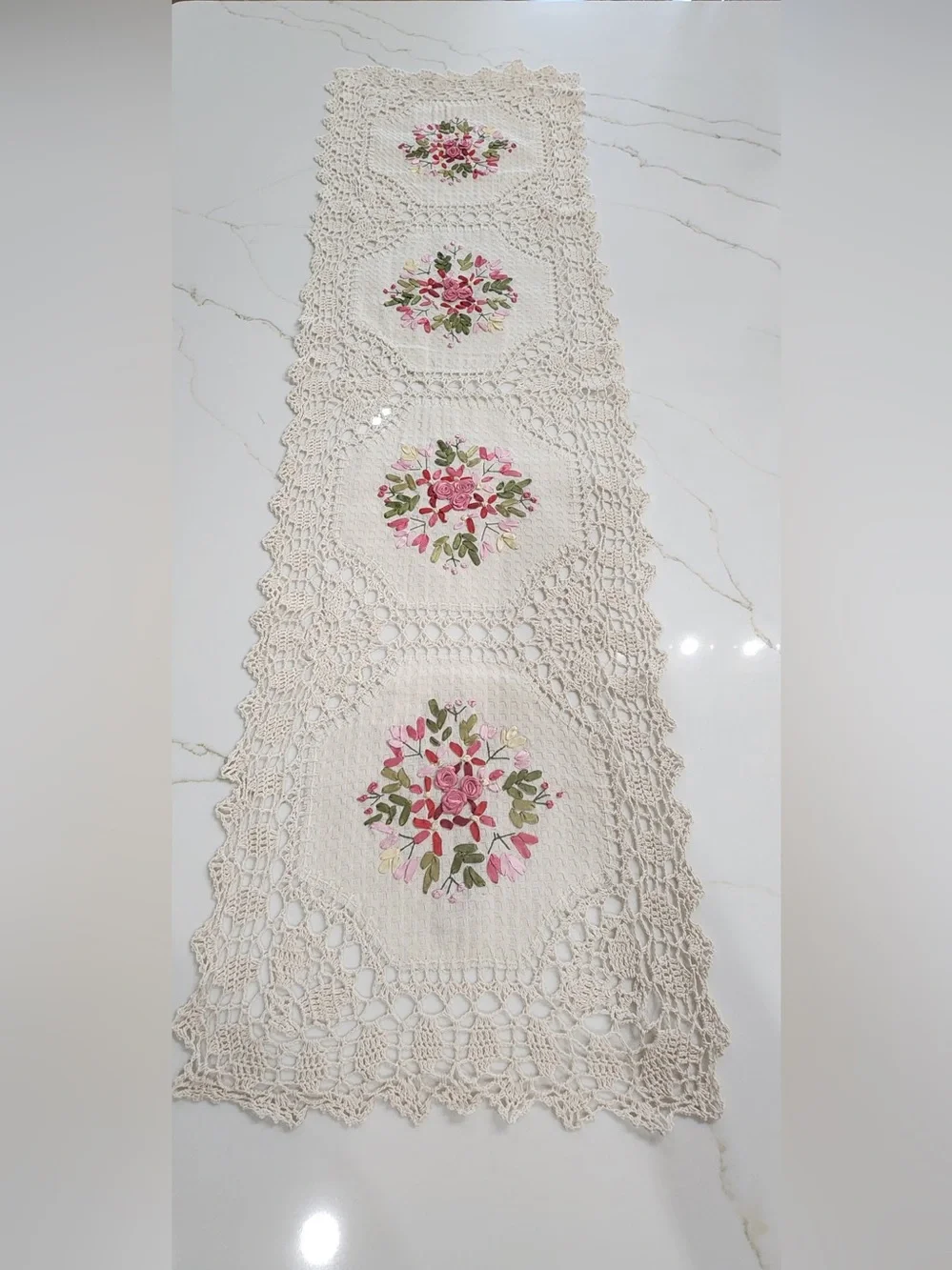Mexican Artisanal Handmade Crochet Lace Table Runner Floral Ribbon Embroidered.